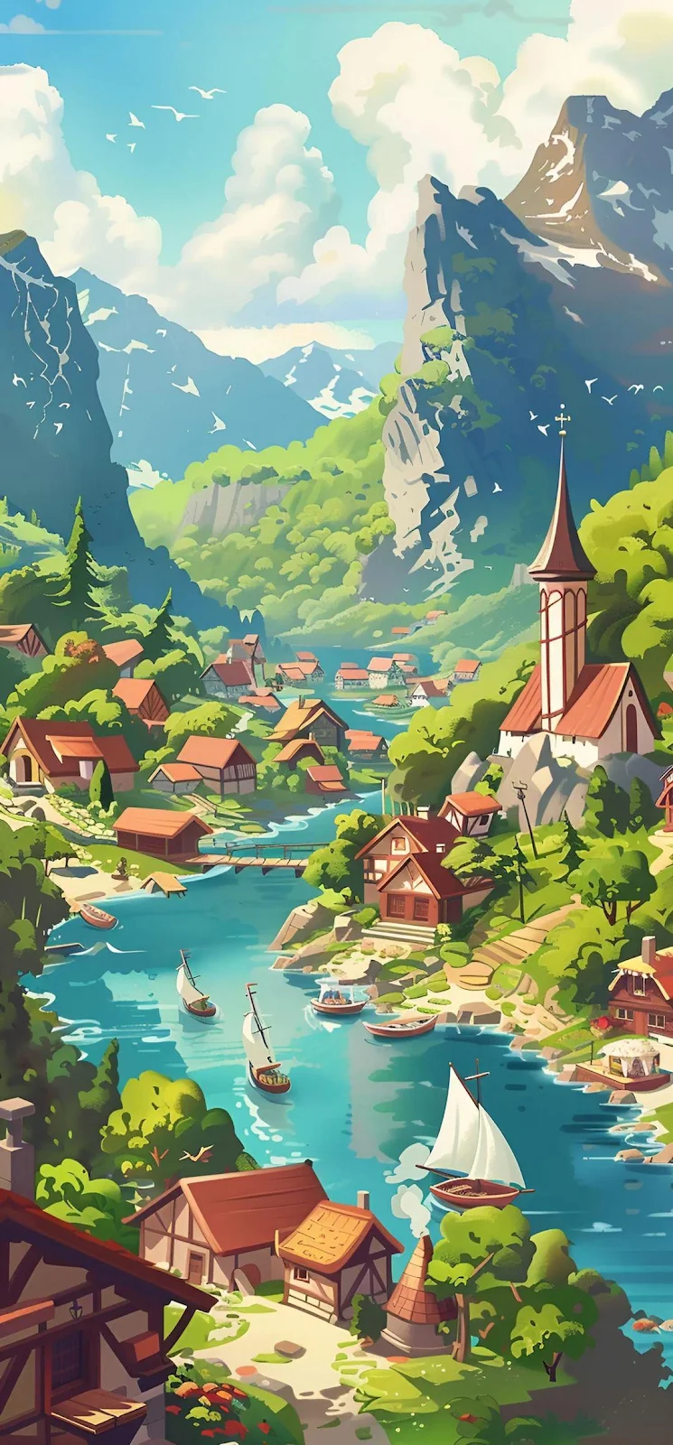 Scenic Alpine Village By River - Digital Illustration Full HD iPhone Wallpaper (1080x2321)