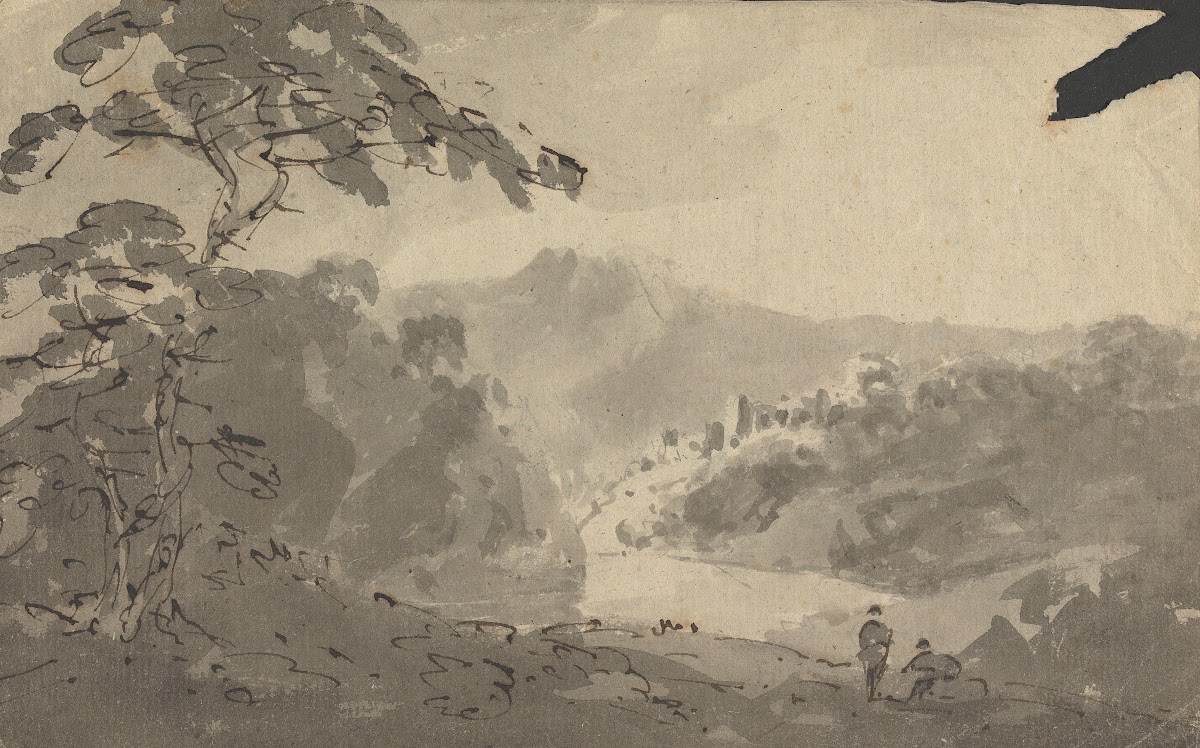 Two Men Looking Into Landscape with Castle River and Mountain Scene between 1762