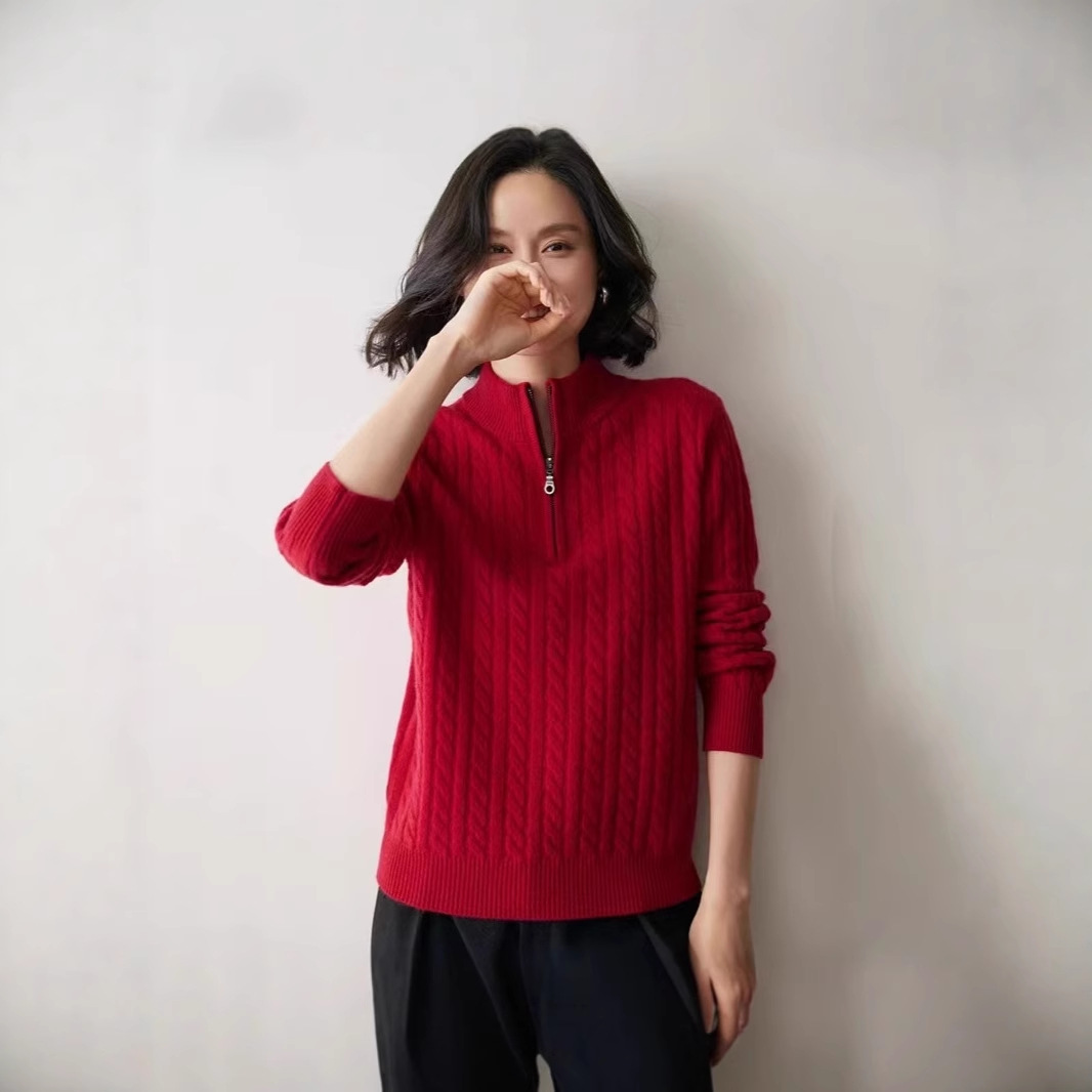 Damen-Strickpullover mit Reißverschluss und Zopfmuster