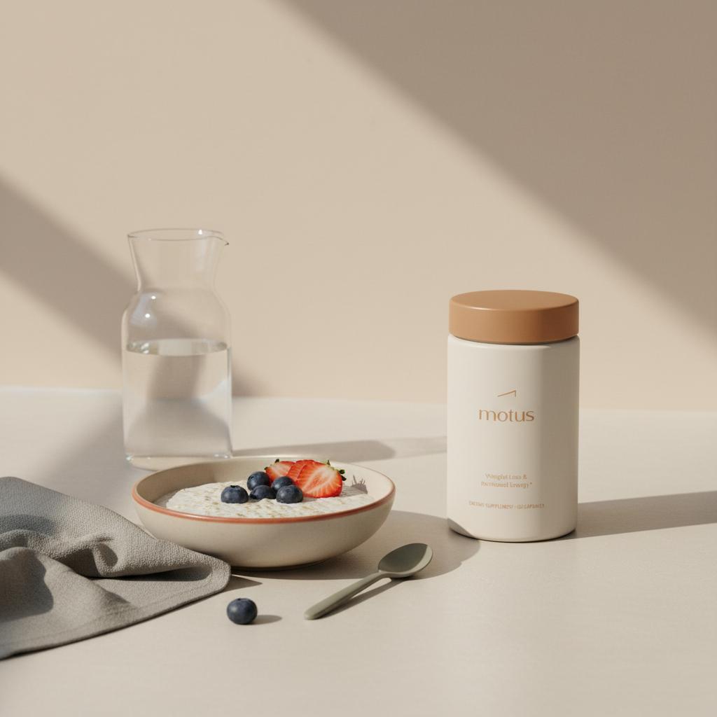 Tonum Motus jar on a minimalist kitchen counter beside a ceramic plate of oats and berries and a water carafe, clean bright scene showcasing a berberine supplement.
