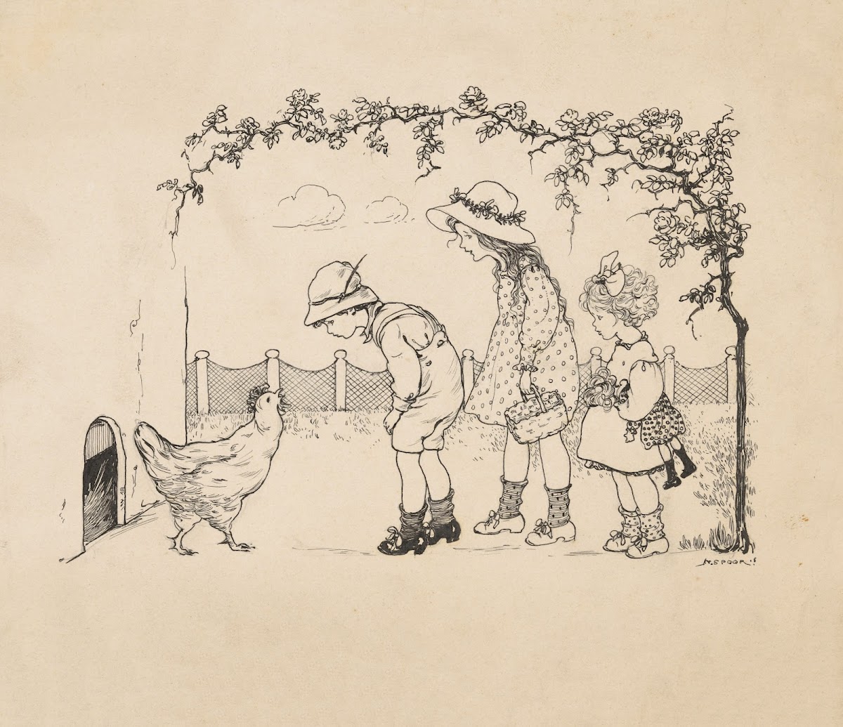 Drie kinderen in een kippenhok 1916
