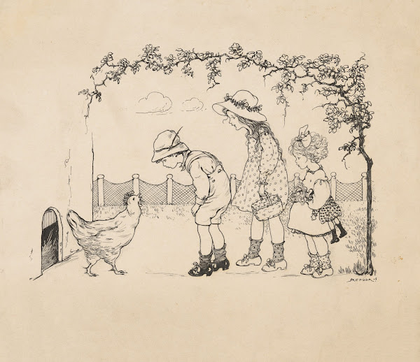 Drie kinderen in een kippenhok 1916