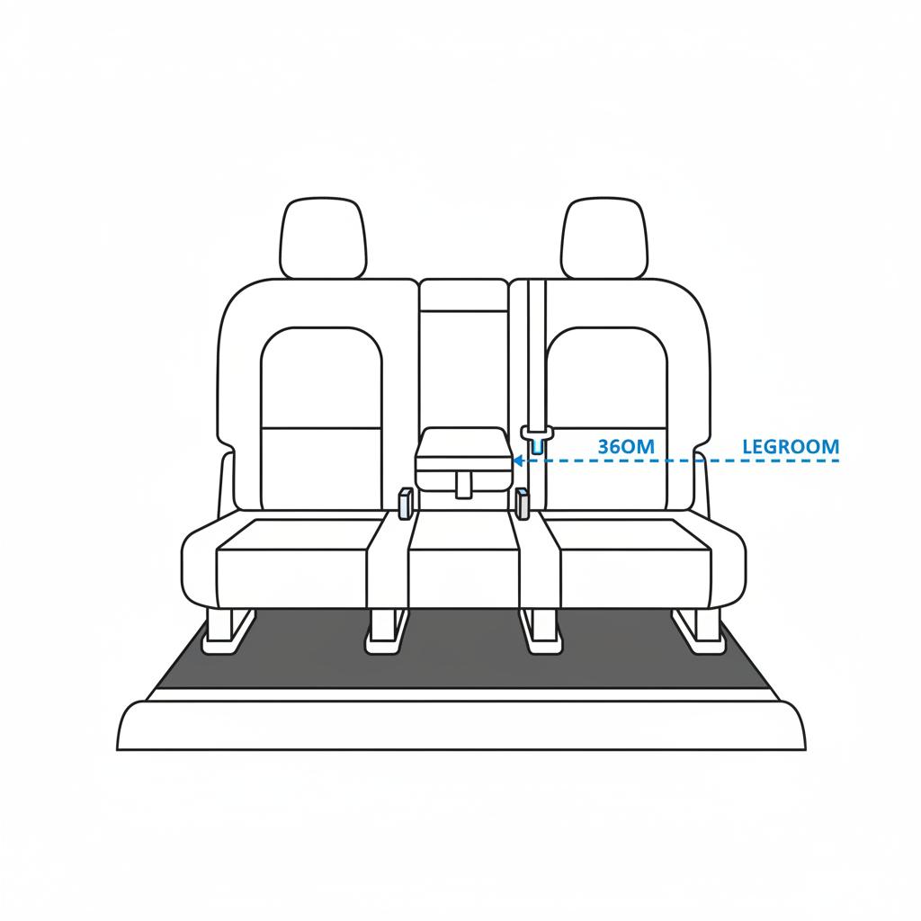 Minimalist 2D vector rear interior view showing rear legroom of a chevy equinox suv with two empty seats and a blue dashed measurement line
