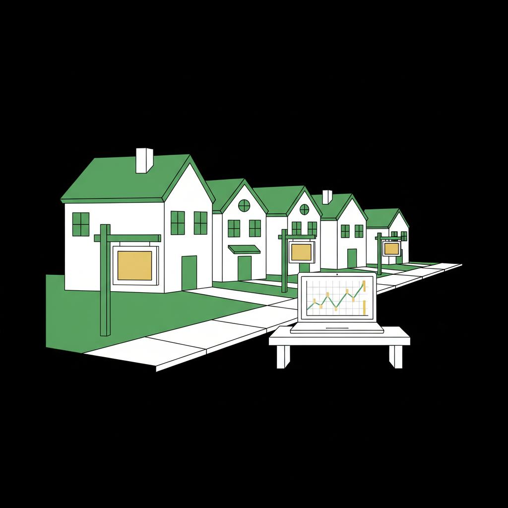 Minimalist 2D vector neighborhood street with three for rent signs and a laptop showing a rent index chart how can i buy a rental property