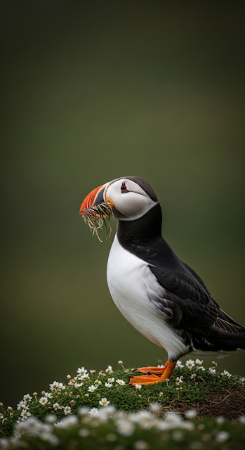 Close-up Wildlife Portrait of an Atlantic Puffin with Nesting Material in Its Beak - Free mobile Wallpaper