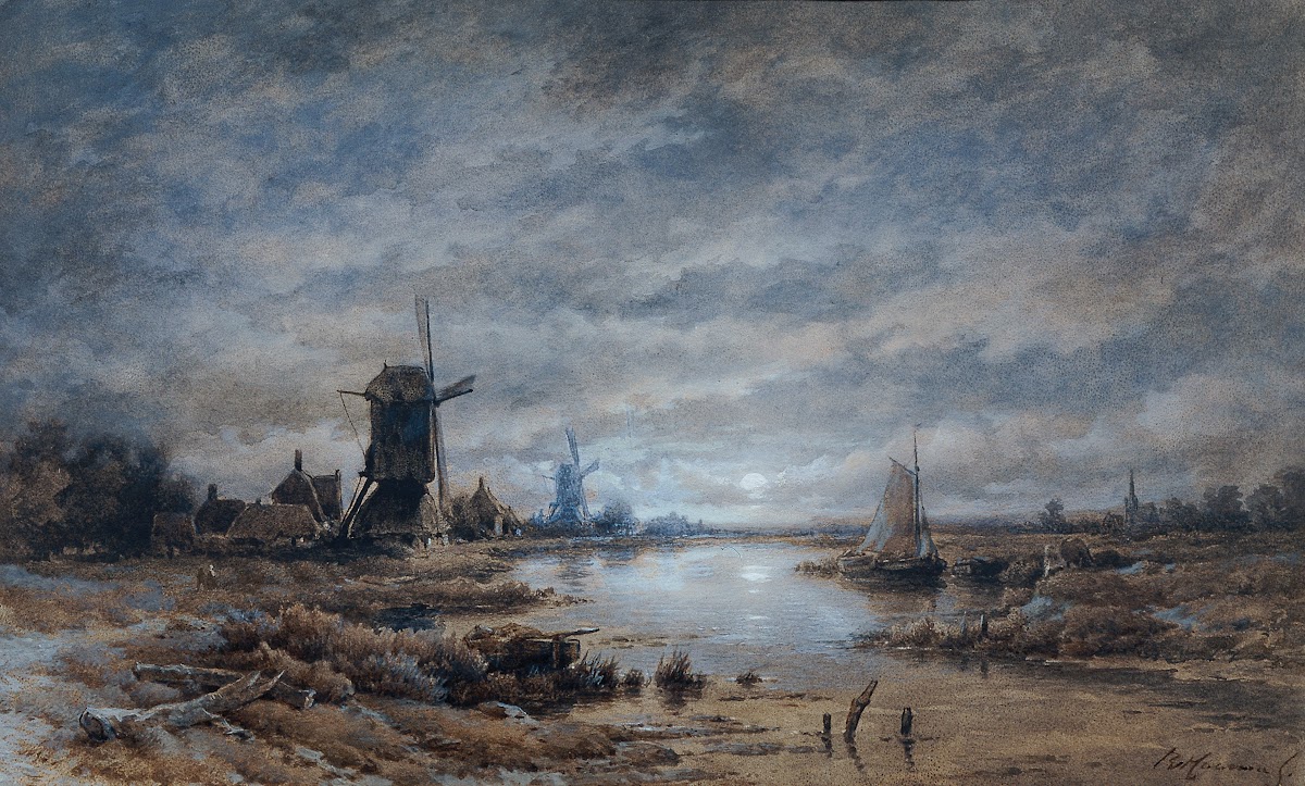 Mondnacht Kanallandschaft mit Windmühlen und Schiffen