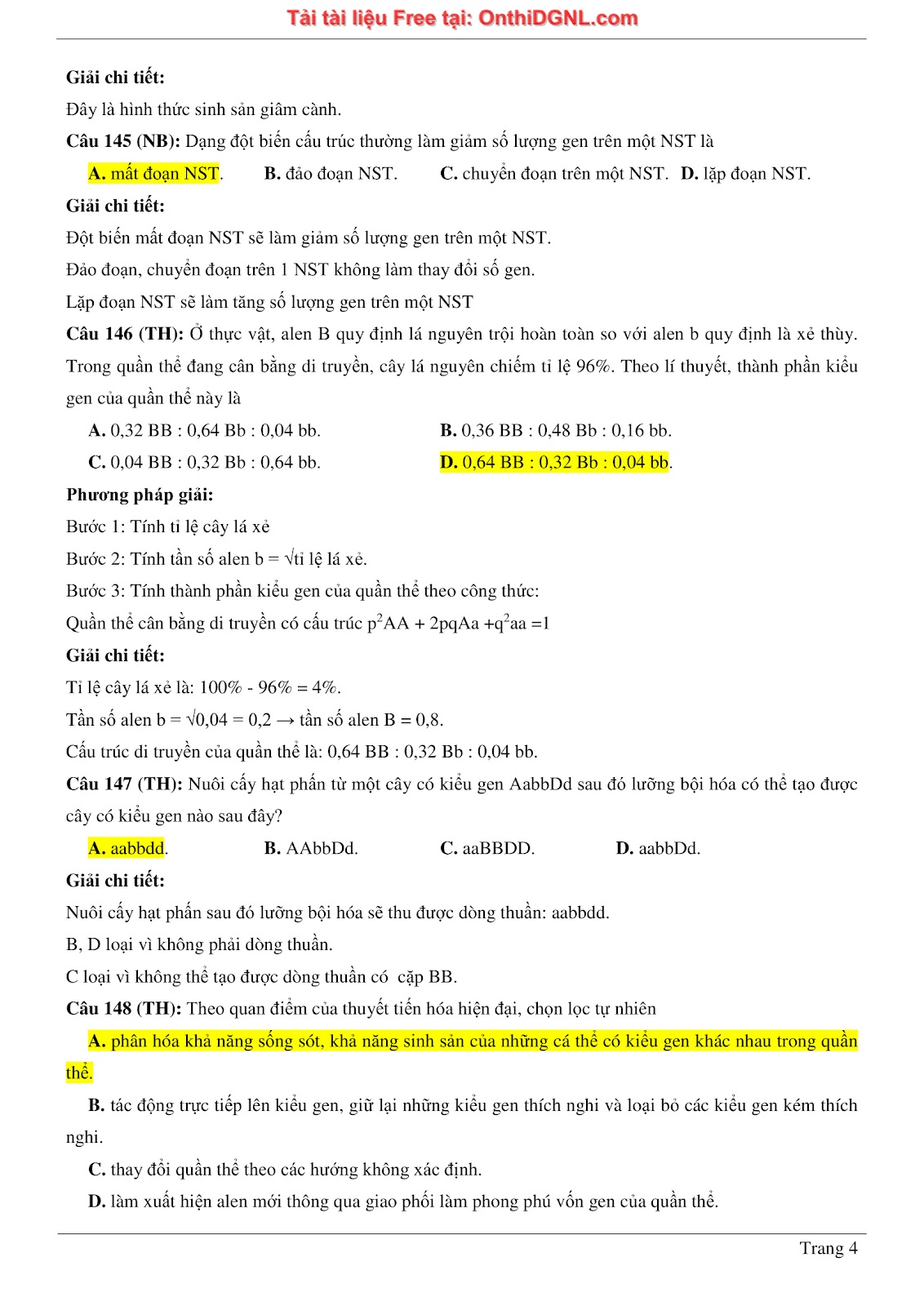 150 bài tập môn Sinh học - Ôn thi ĐGNL ĐHQG HN Phần 11