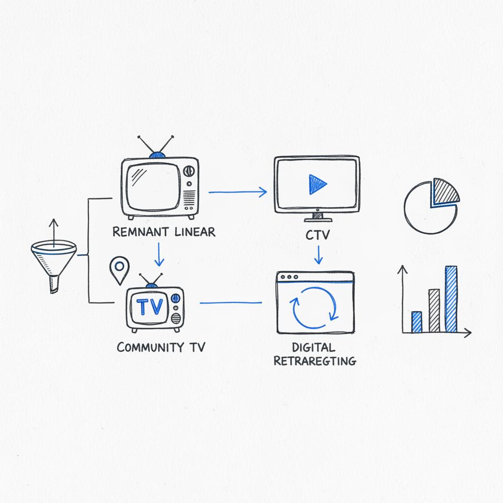 Close-up sketch notebook page showing remnant linear TV, community TV, CTV and digital retargeting arrows &mdash; visualizing the cheapest way to advertise on TV
