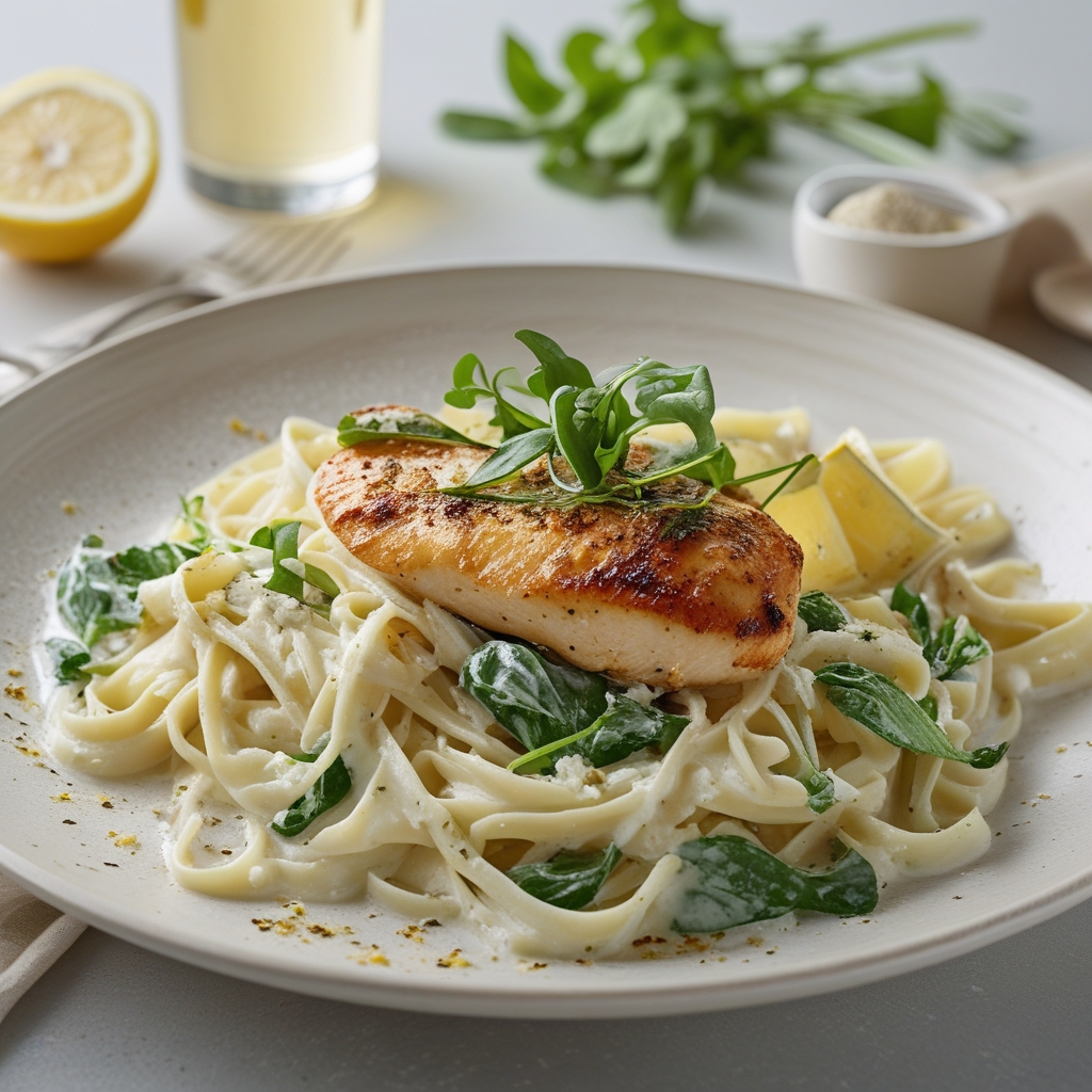 Creamy Lemon-Ricotta Pasta with Spring Greens & Seared Chicken