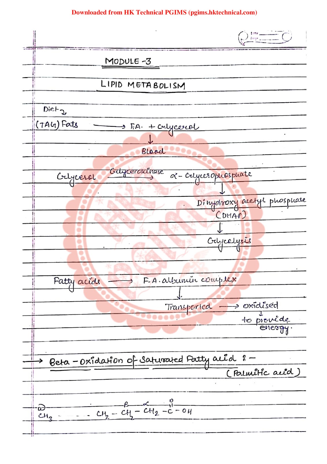Biochemistry Unit-3 Lipid Metabolism 2nd Semester B.Pharmacy Lecture Notes,BP203T Biochemistry,Handwritten Notes,BP203T Biochemistry,B. Pharmacy 2nd Semester,Lipid Metabolism,