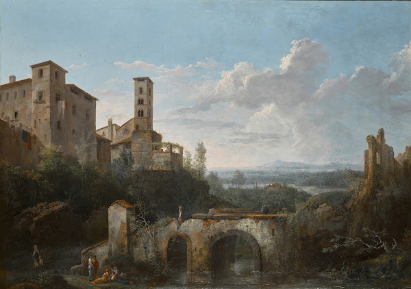 A river landscape with ruins of an aqueduct