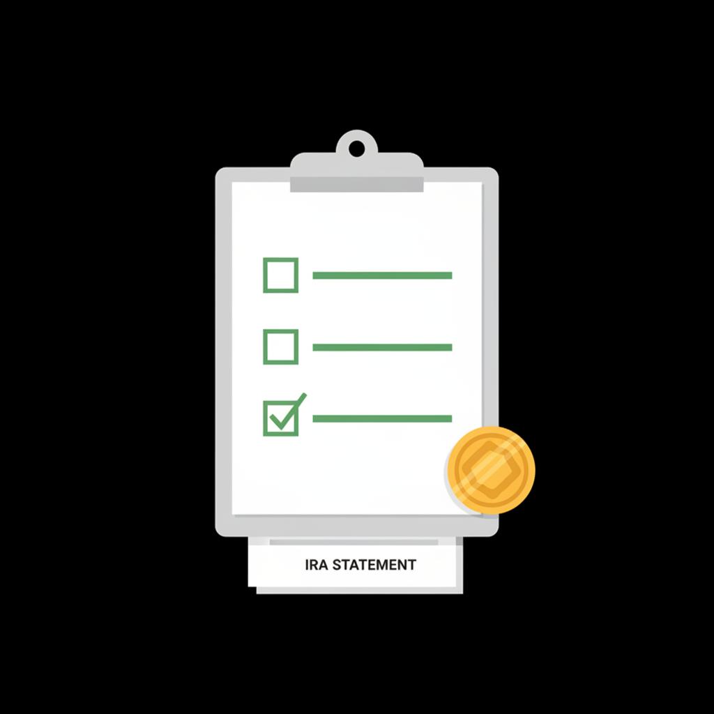 Minimalist vector illustration of a clipboard checklist with a small gold crypto coin and an IRA statement on dark background representing a crypto retirement account