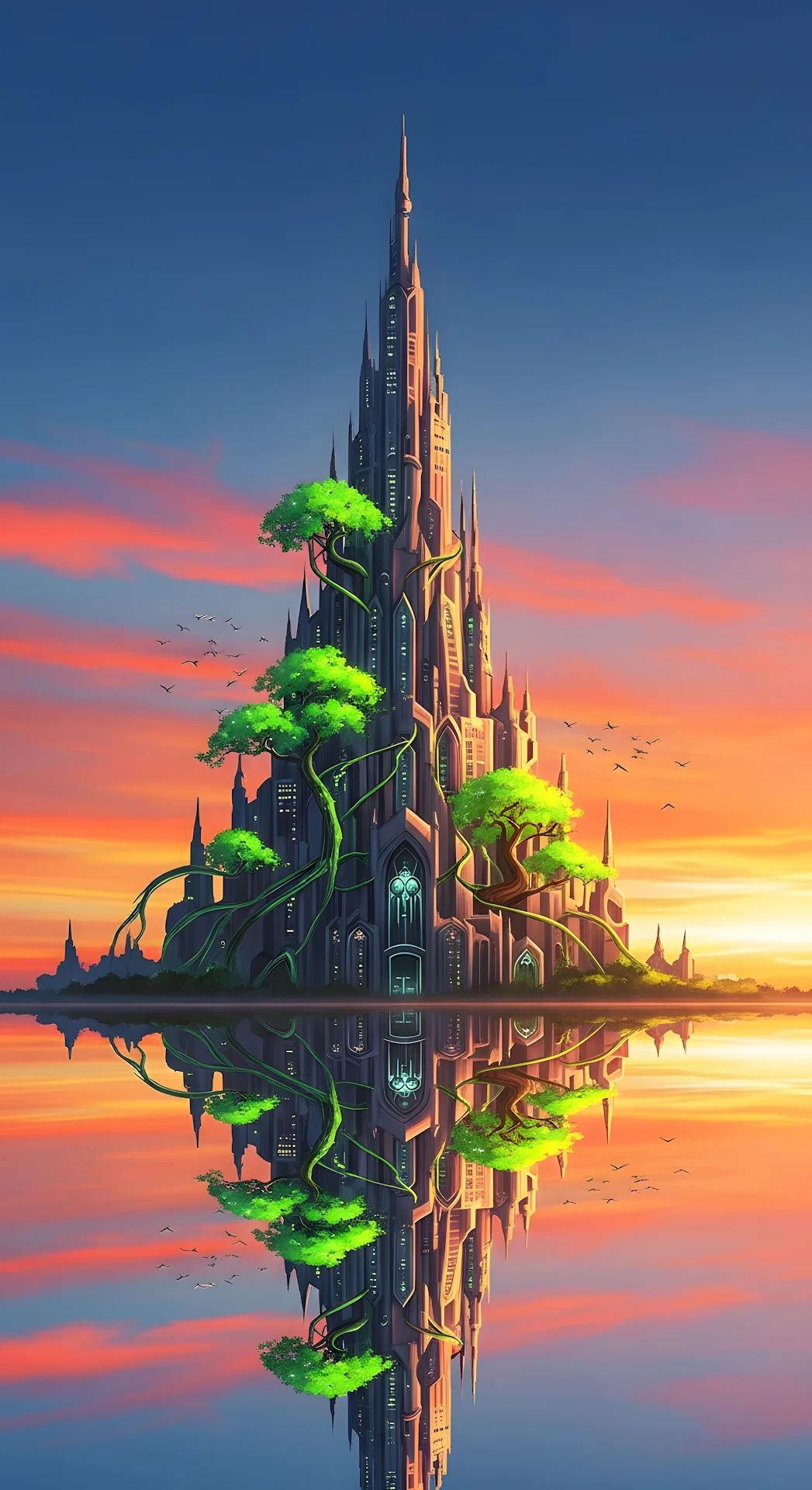 Futuristic Castle Skyscraper Overgrown with Nature at Sunset Reflection - Free 4K mobile Wallpaper