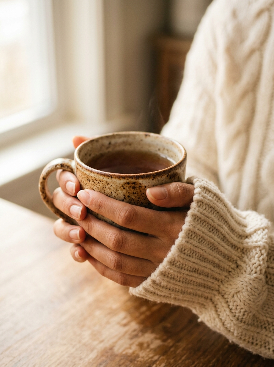 A person's hands wrapped around a ceramic mug, soft morning light, no screen visible — how to have a slow weekend begins with what you don't pick up.