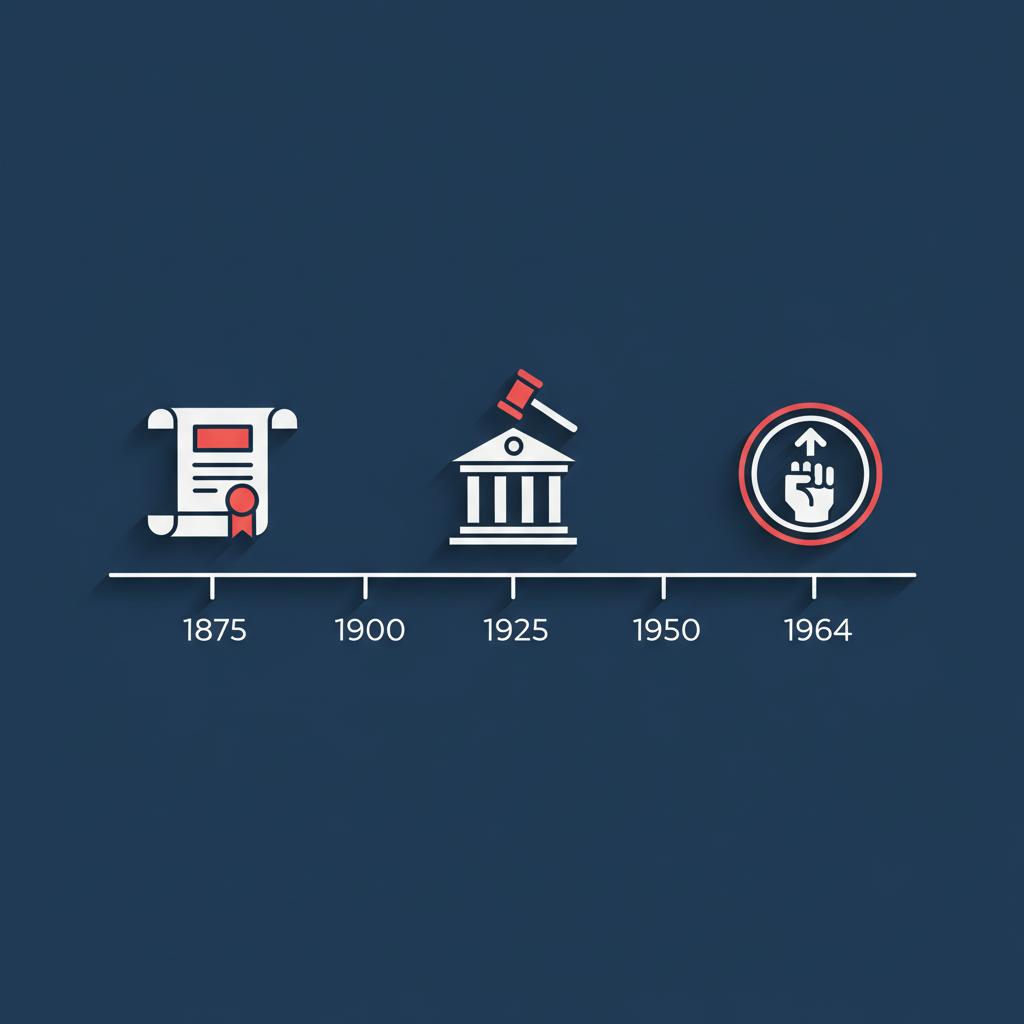 Minimal vector infographic timeline 1875 to 1964 showing statute court and enforcement icons in Michael Carbonara brand colors representing civil rights act of 1875