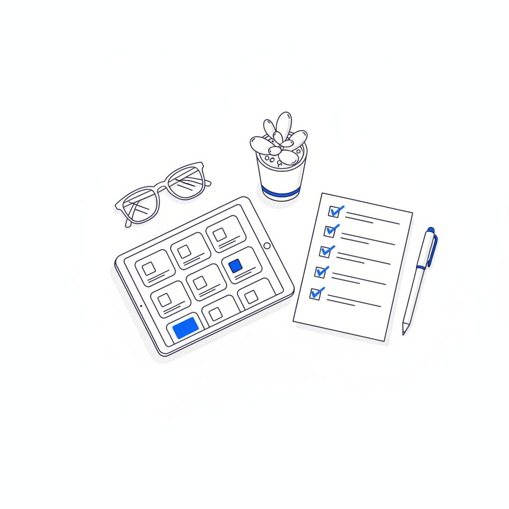 Minimal 2D vector desk scene with a tablet showing abstract property thumbnails beside a printed checklist, glasses, pen and small plant &mdash; real estate CRM