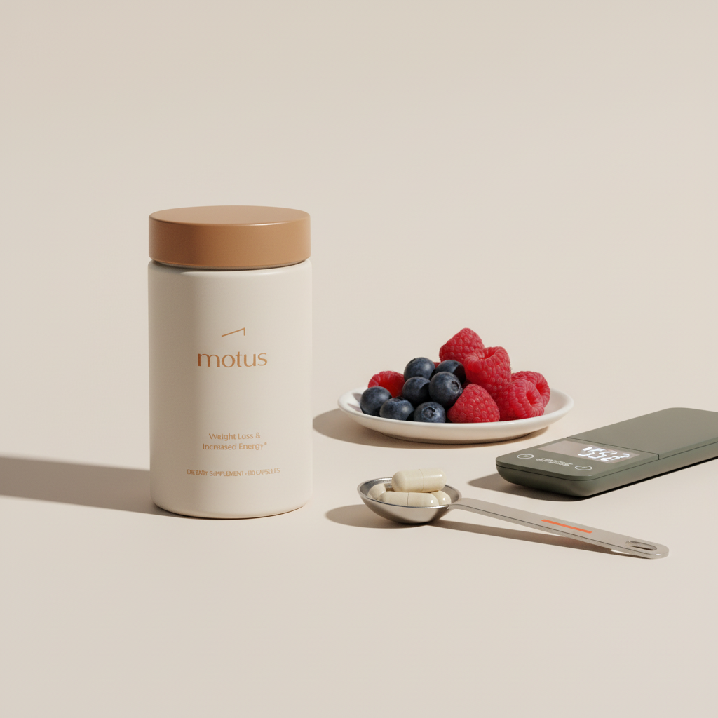 Close-up studio photo of Tonum Motus jar with measuring spoon of capsules, small plate of mixed berries and minimalist scale on a #F2E5D5 background – L-carnitine for weight loss
