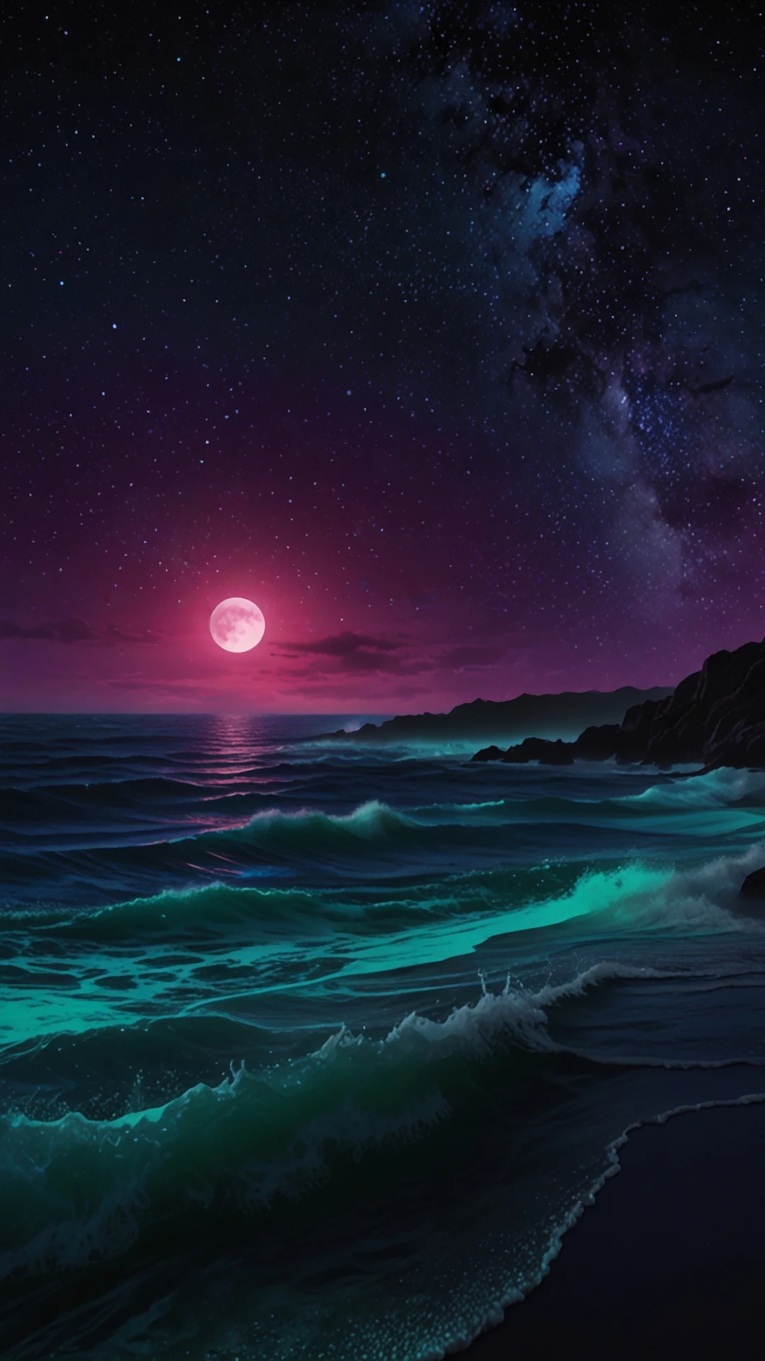 Neon Pink Moon Rising Over Bioluminescent Teal Ocean Waves - Free 4K mobile Wallpaper
