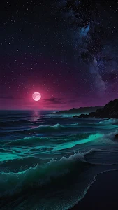 Neon Pink Moon Rising Over Bioluminescent Teal Ocean Waves