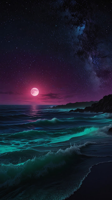 Neon Pink Moon Rising Over Bioluminescent Teal Ocean Waves - Free mobile Wallpaper