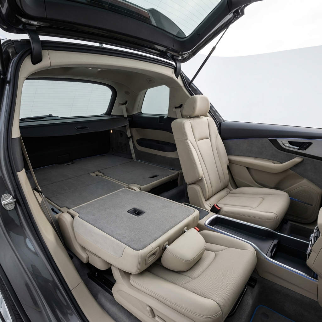 Audi Q7 for sale interior showing third row folded and unfolded to highlight cargo flexibility and seating space on white studio background