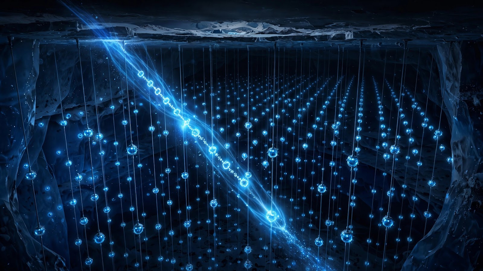 Illustration of the IceCube Neutrino Observatory: Antarctic ice with a ghostly neutrino streaking through, leaving a trail of blue light