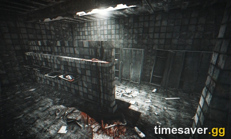 Infected Factory location banner showing a blood-stained tiled washroom