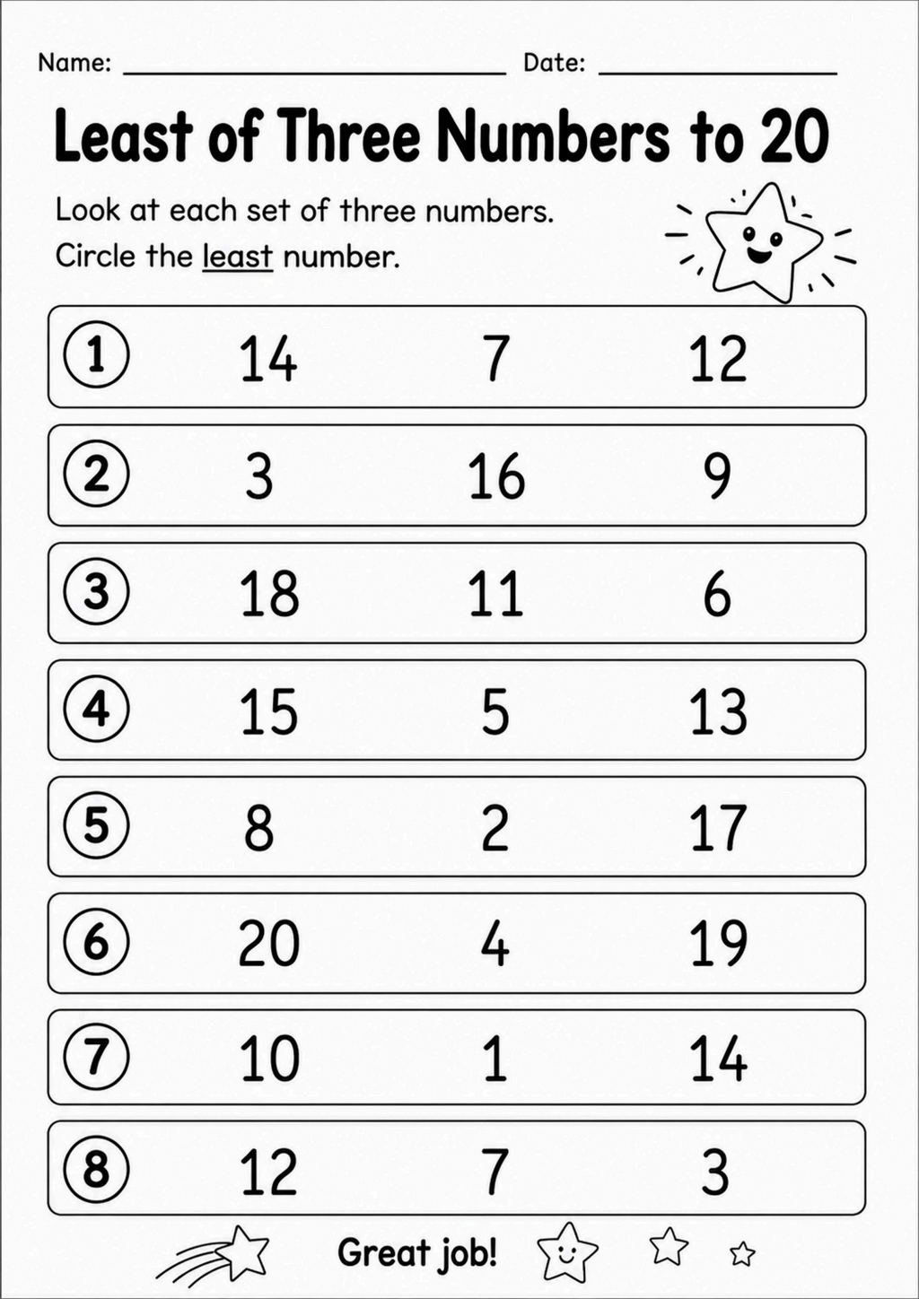 Least of Three Numbers to 20 Worksheet