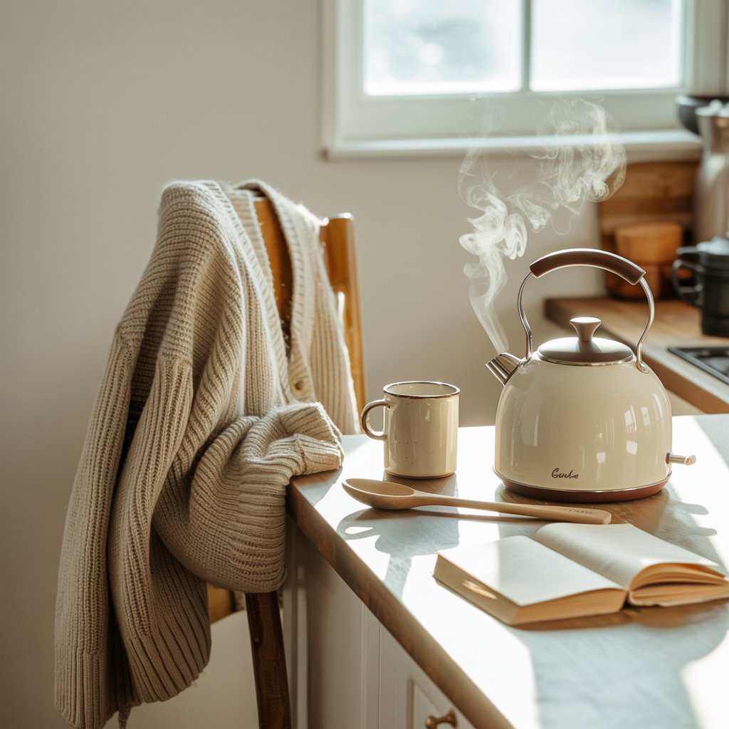 A book beside a kettle in soft morning light