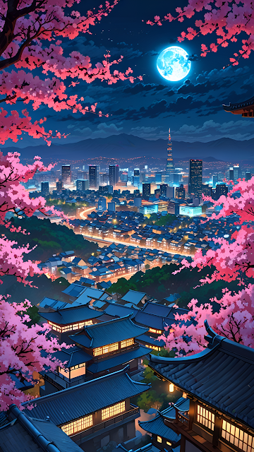 Tokyo Cherry Blossom Night City Anime Aesthetic Art - Free mobile Wallpaper