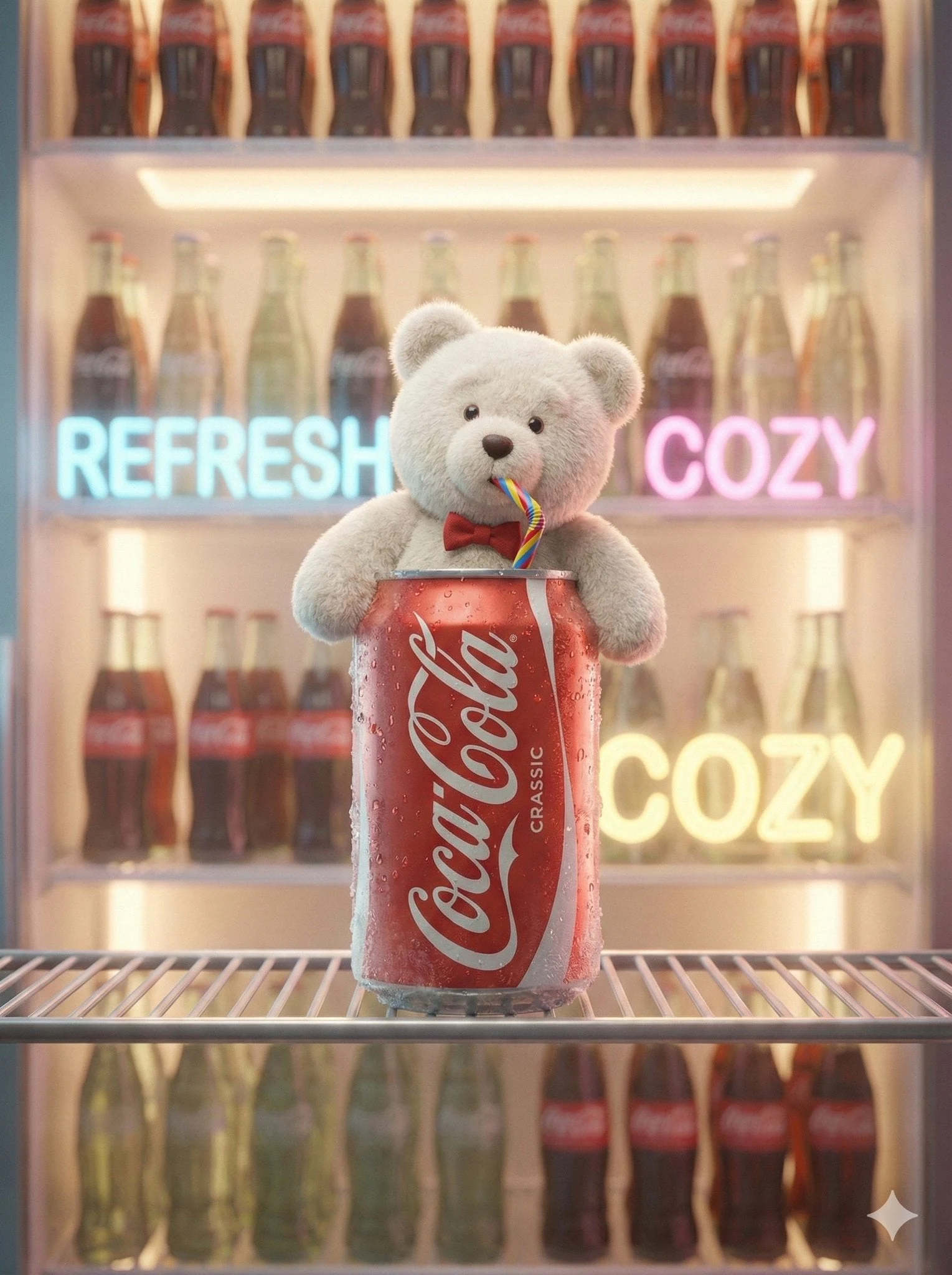 Una adorable escena de fantasía cinematográfica de la marca, protagonizada por una mascota de osito de peluche blanco y esponjoso que emerge de un refresco frío...