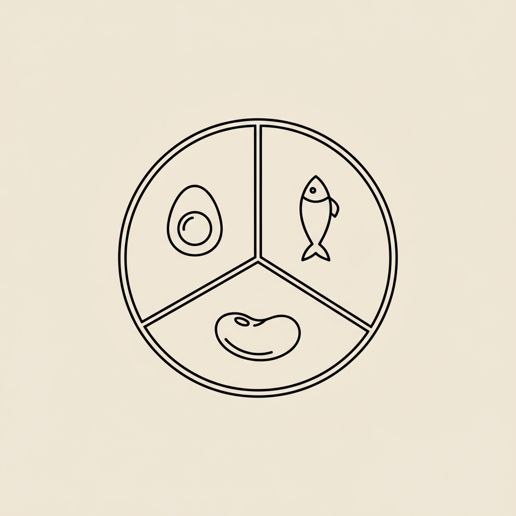 Minimalist Tonum-style line illustration of a plate divided into three sections with egg, fish, and bean icons on a beige background representing protein intake for women.