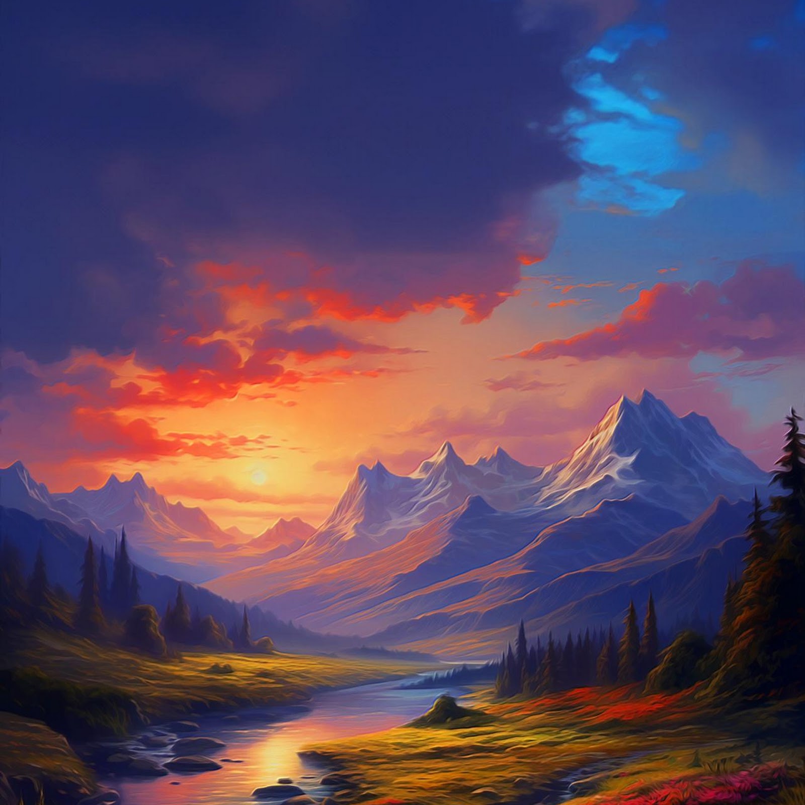 Download Scenic Mountain River Sunset Full HD iPhone