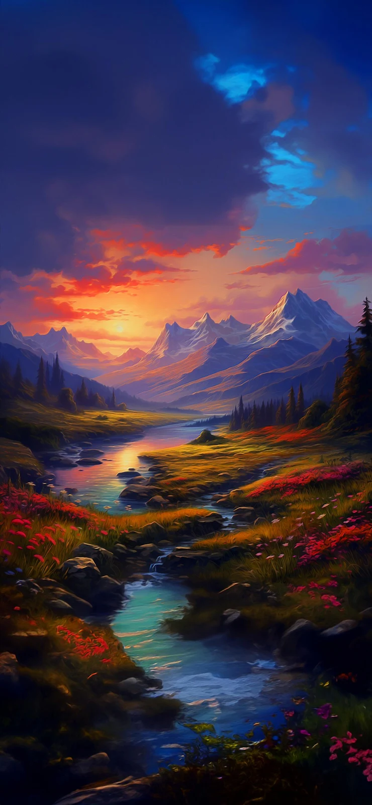 Scenic Mountain River Sunset - Digital Art Landscape Full HD iPhone Wallpaper (1284x2778)