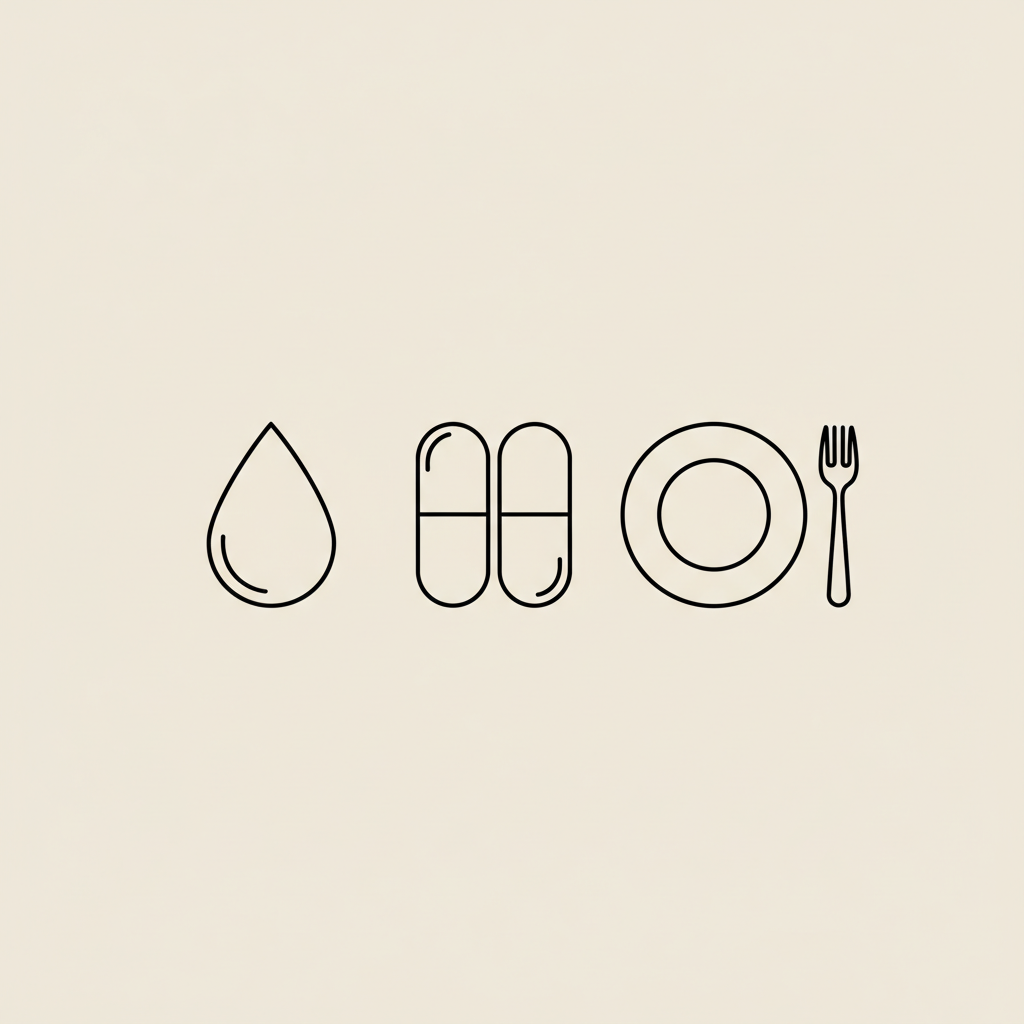 Minimalist vector line illustration of a water droplet, capsule, and plate with fork on beige background, representing creatine side effects.