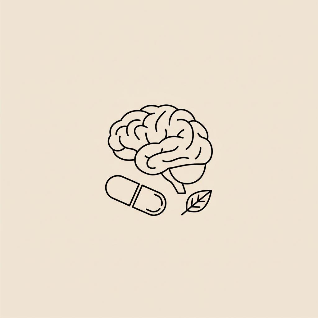 Minimal Tonum-style line illustration of a capsule, stylized brain and leaf on beige background representing best supplement to increase serotonin
