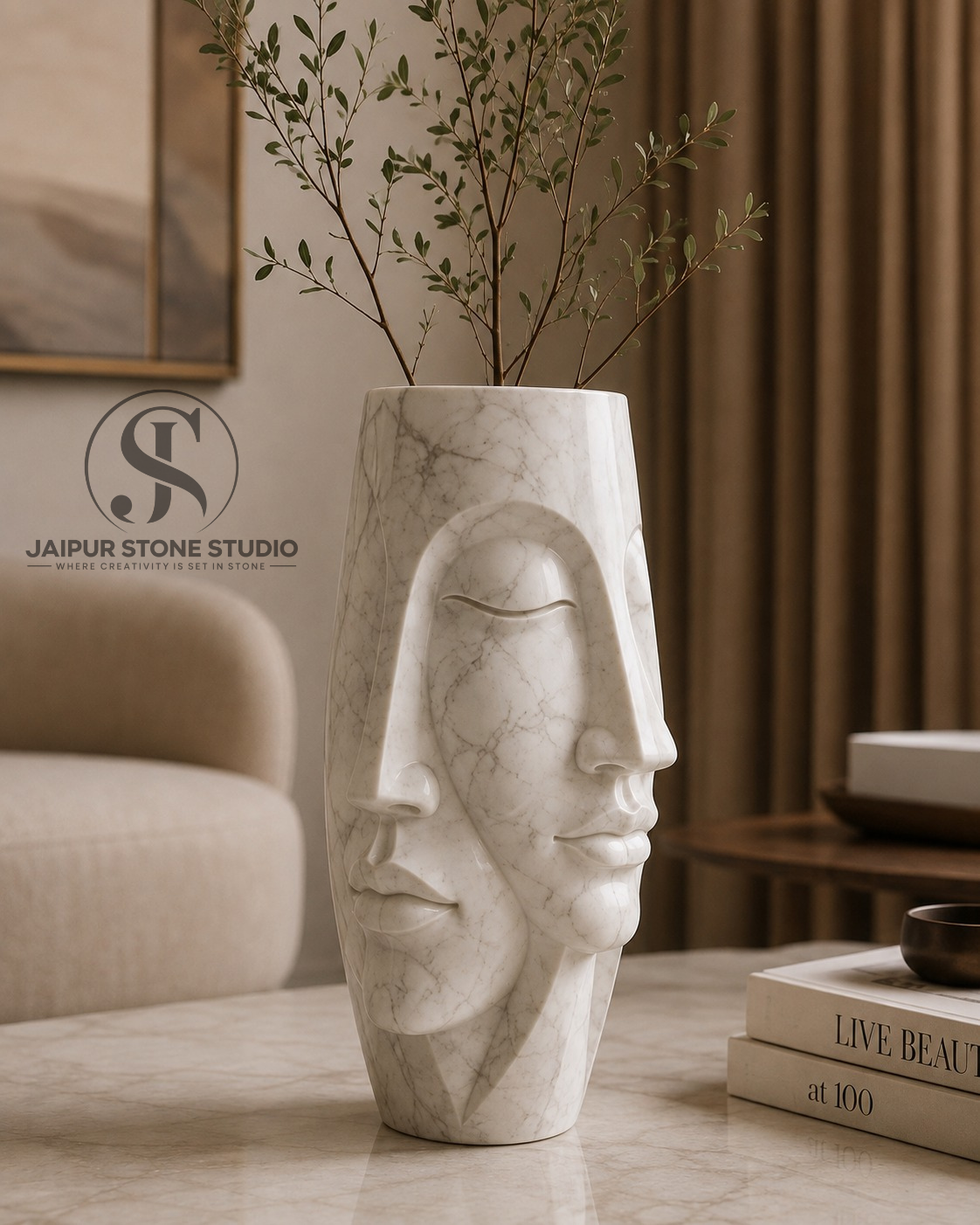 Abstract Dual Face Carved White Marble Vase