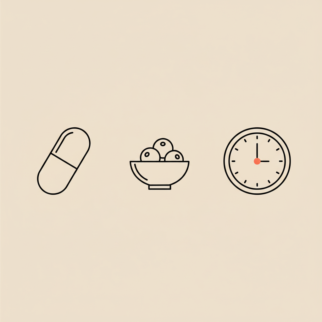 Minimal Tonum-style line illustration of a capsule, a small bowl of berries and a clock on a beige background, symbolizing routine and timing for how to lose belly fat fast.