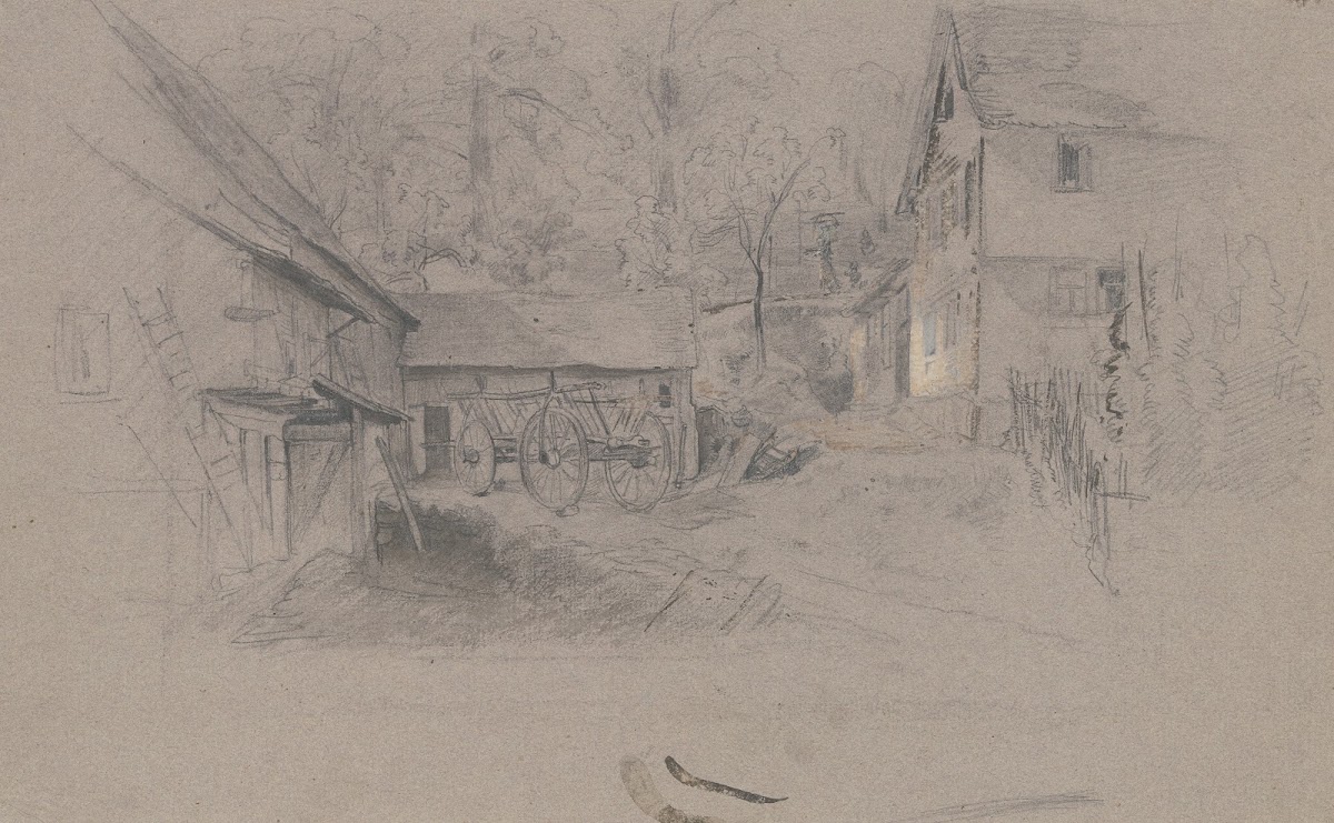 Bauernhof links an den Ställen bei dem Mist steht ein Leiterwagen rechts das Woh