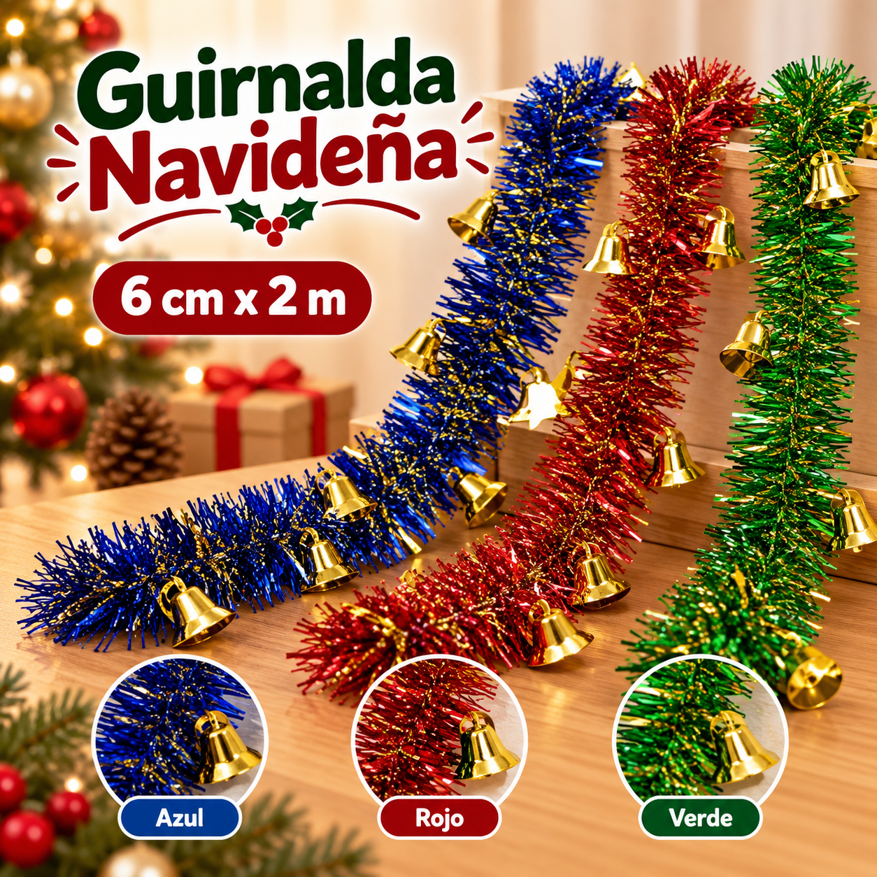 Guirnalda navideña de tinsel con campanitas 6 cm x 2 m