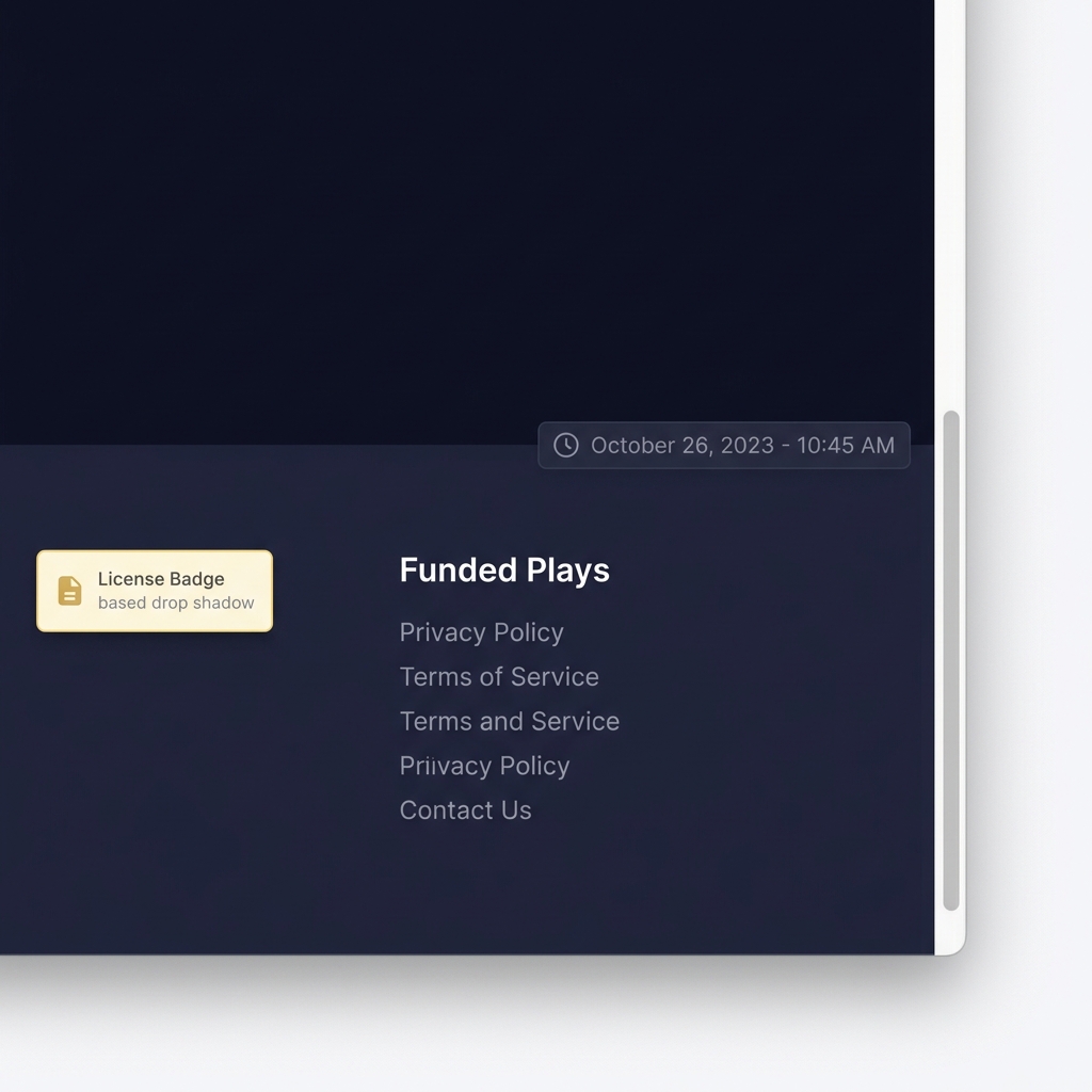 Close up of a website footer with a visible license badge and dated browser screenshot annotation on a Funded Plays themed dark background mystake sportsbook