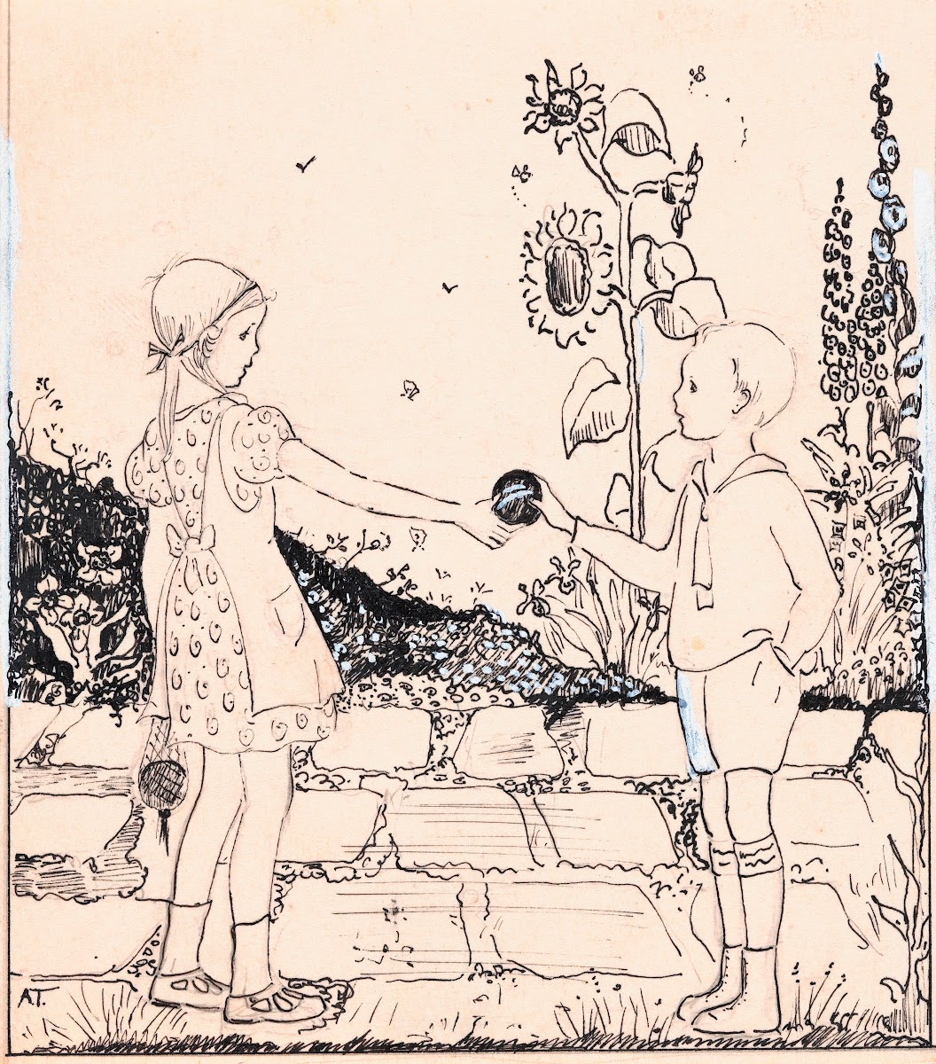Meisje geeft bal aan jongen 1925