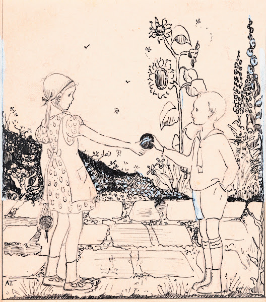 Meisje geeft bal aan jongen 1925