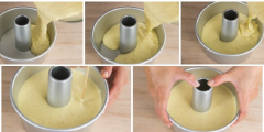 Chia lòng trắng trứng thành 3 phần bằng nhau rồi lần lượt cho vào hỗn hợp bột, trộn thật đều để được bột mịn, mượt. Lò nướng mở trước 10 phút ở 170 độ C. Đổ hỗn hợp bột vào khuôn bánh chiffon đường kính 17cm. Dùng tăm xiên nhẹ nhàng để loại bỏ bọt khí giúp bánh không bị tổ ong, rồi gõ phẳng mặt bột.
