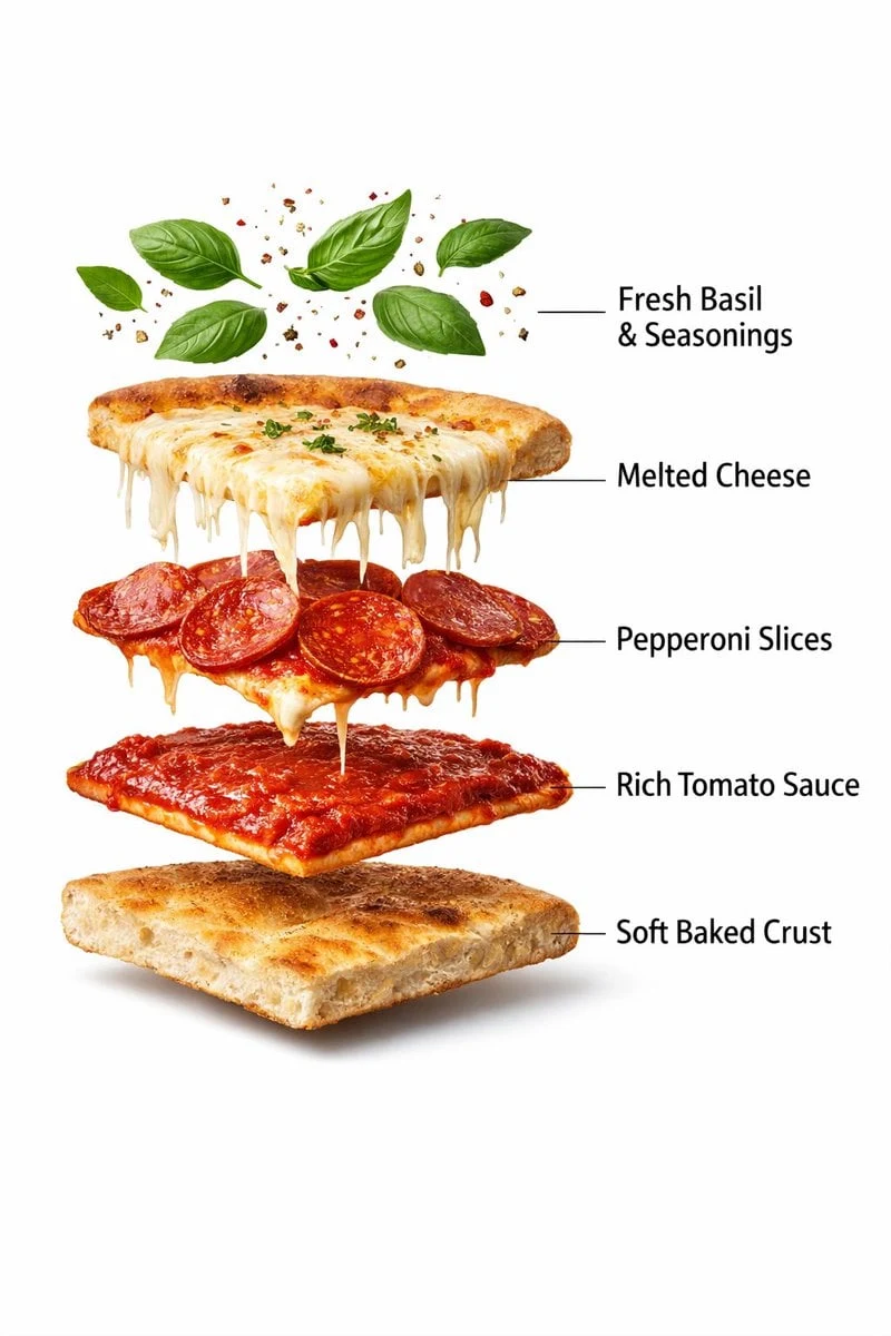 - Rebanada de pizza de pepperoni preparada ultrarrealista, completamente ensamblada, con queso mozzarella fundido y pegajoso que se estira...