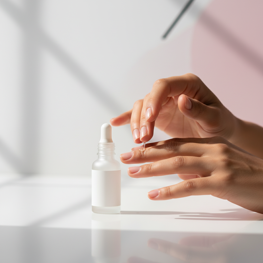 Nahaufnahme: Hände tragen Nagelöl auf die Nagelhaut auf, minimalistisches Glasfläschchen, weicher Hintergrund in NailX-Farben – Fingernägel stärken