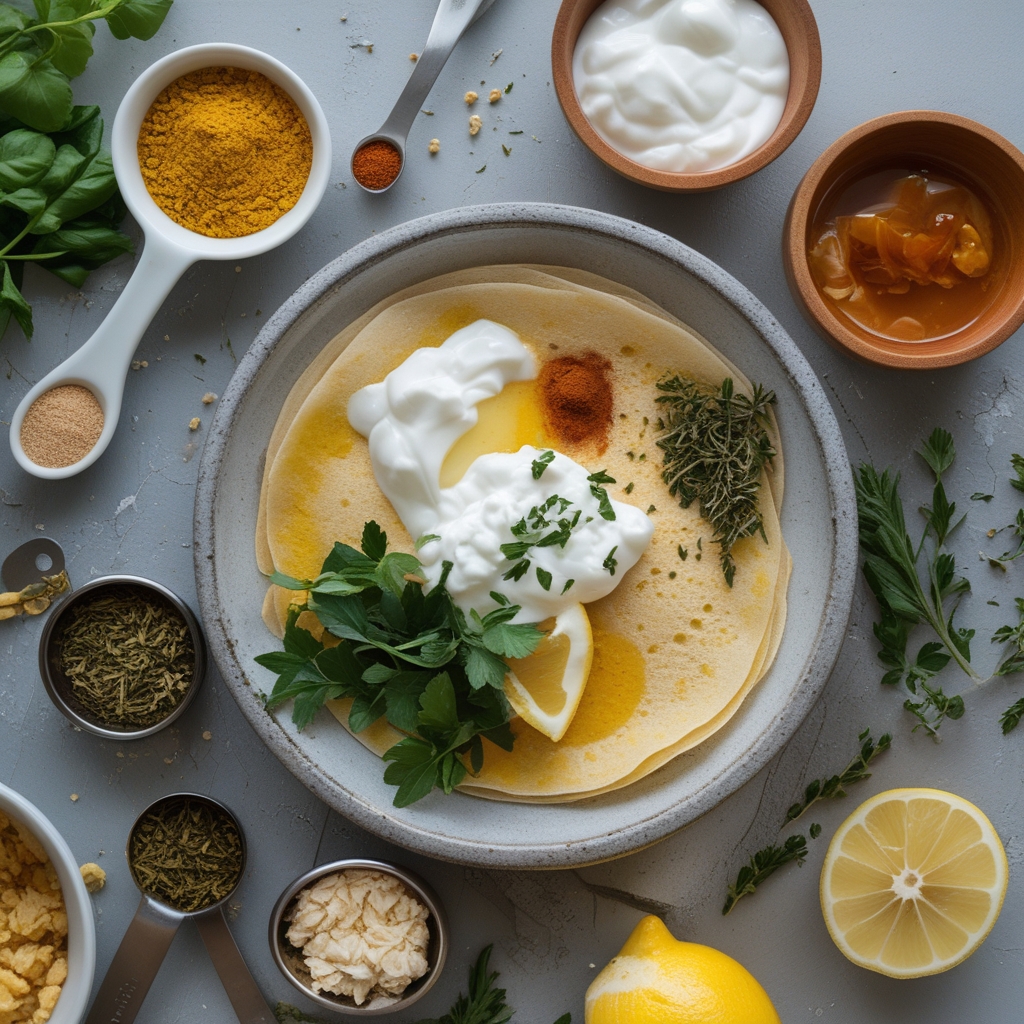 Ingredients for Blender Crepes with Greek Yogurt Lemon Filling - Easy Homemade Breakfast Treat