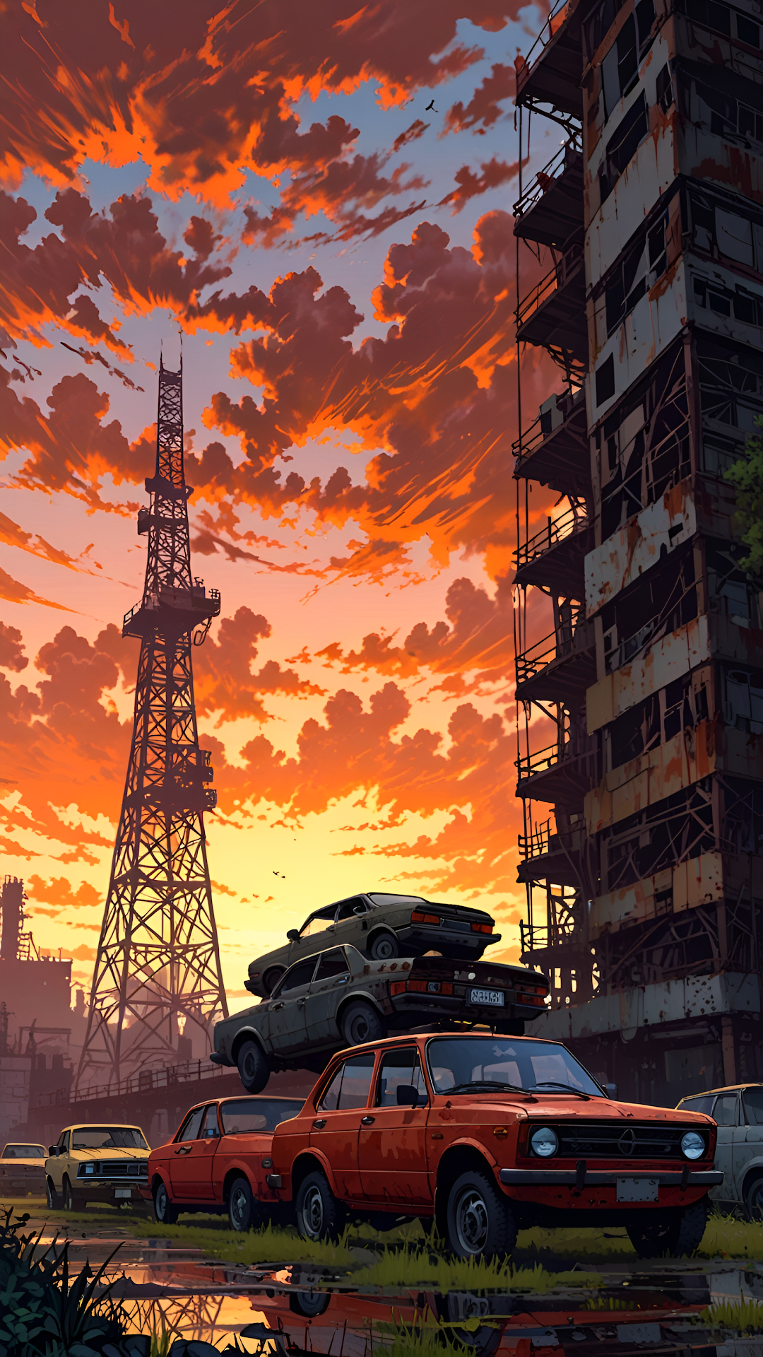 Post Apocalyptic Sunset Ruined City Stacked Cars Art - Free 4K mobile Wallpaper