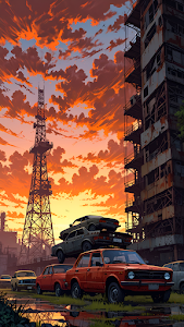 Post Apocalyptic Sunset Ruined City Stacked Cars Art