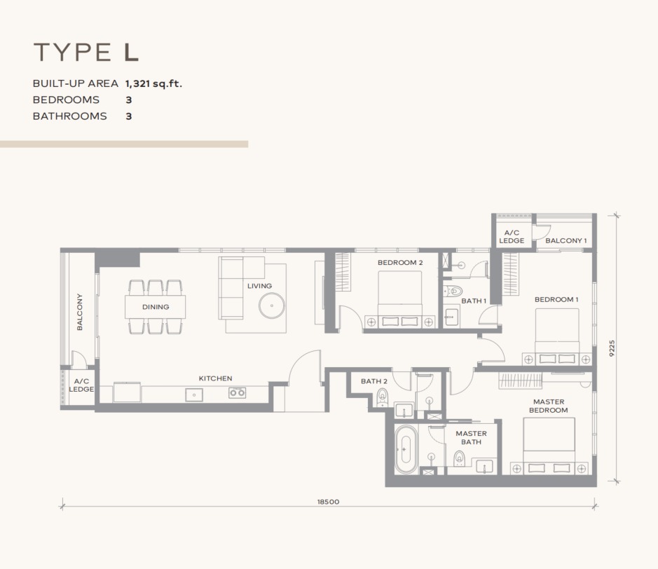 Khaya Residence Type L floor plan — 1321 sq ft, 3 bedrooms